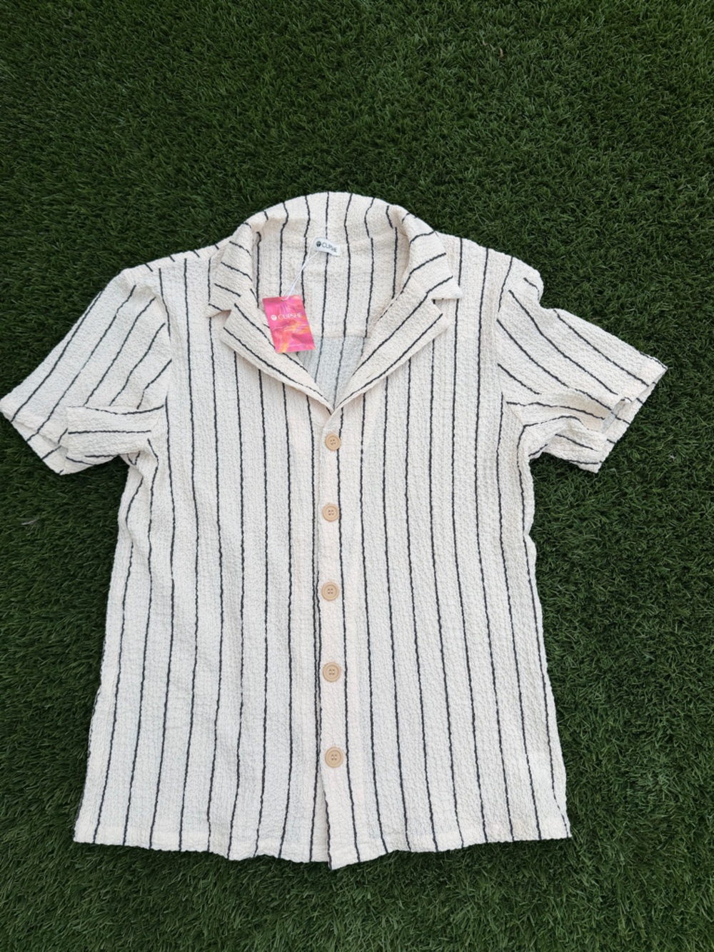 Cupshe Men’s Button Down Shirt Medium Cream Stripe Textured NWT 🤍